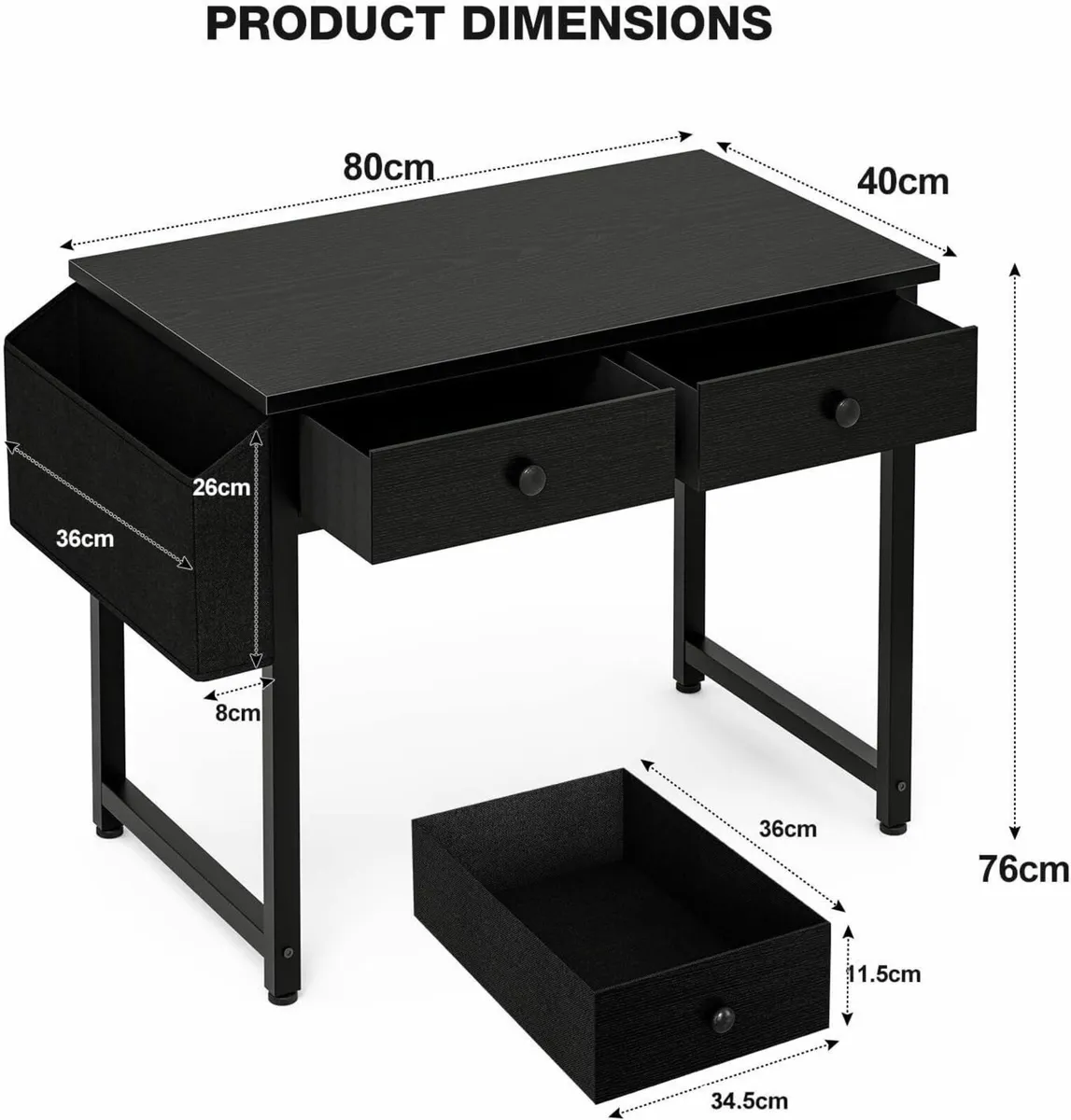 Small Computer Desk with 2 Fabric Drawers 80 x 40 - Image 3