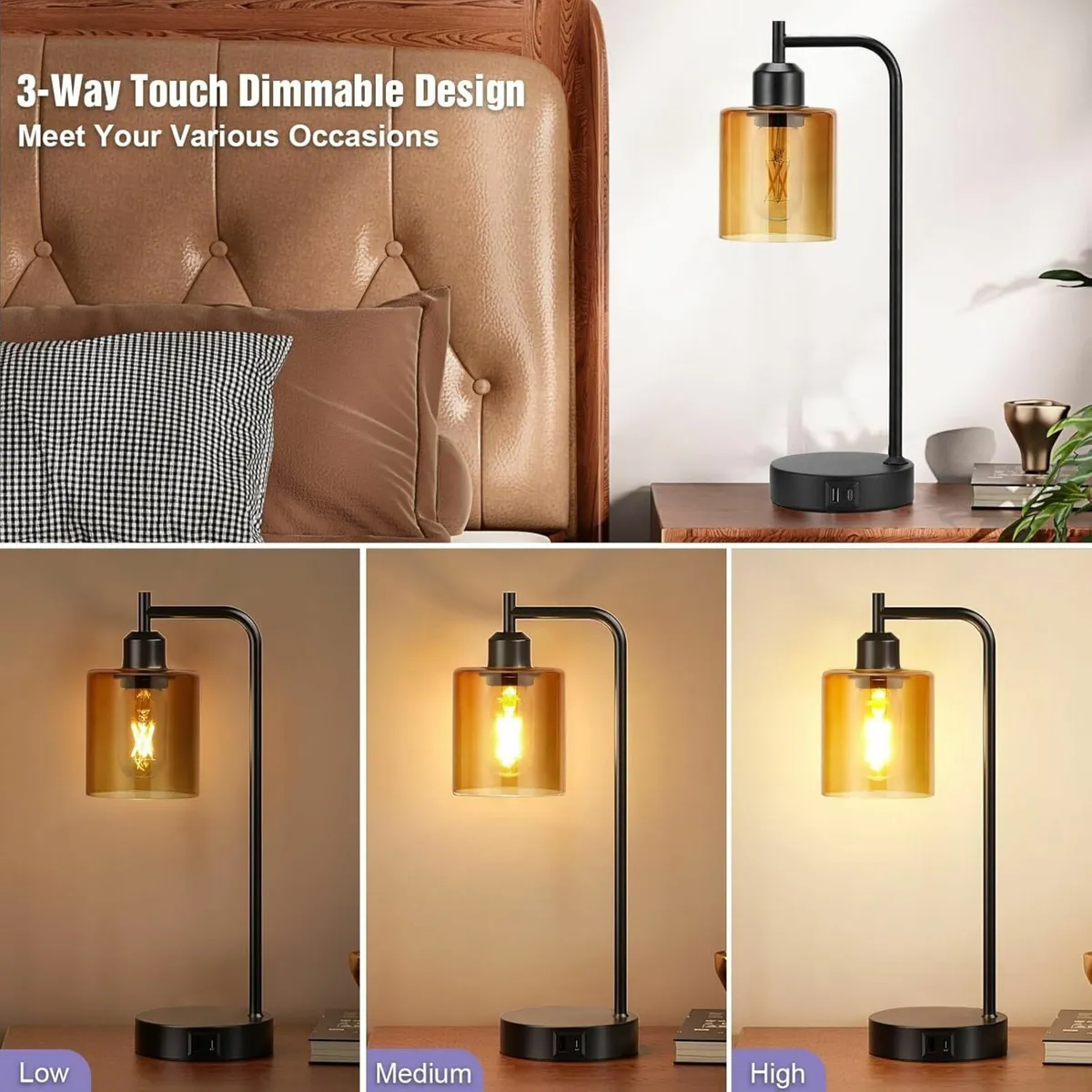 Industrial Table Lamps with Amber Glass Shade for - Image 3