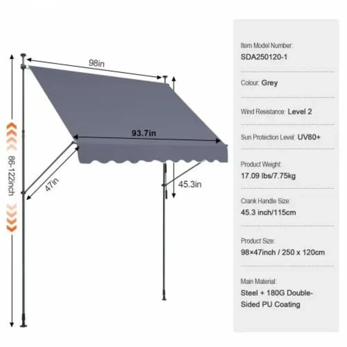 98x47" Patio Awning Retractable Awning Sunshade Sh - Image 2