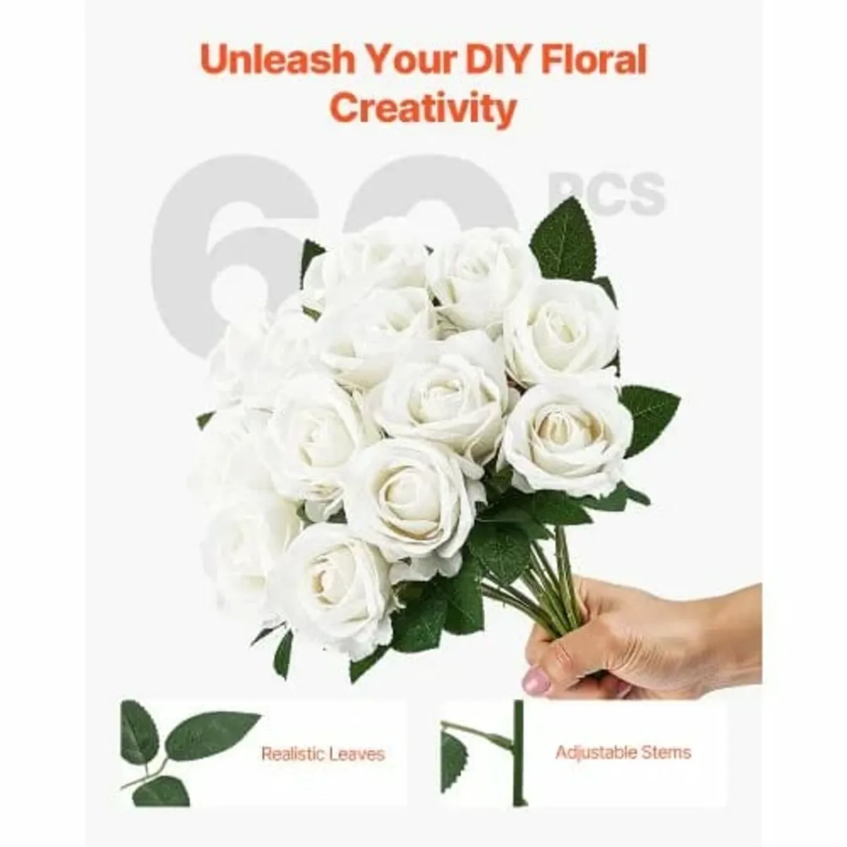60 Pcs White Rose Artificial Flowers Realistic Bou - Image 2