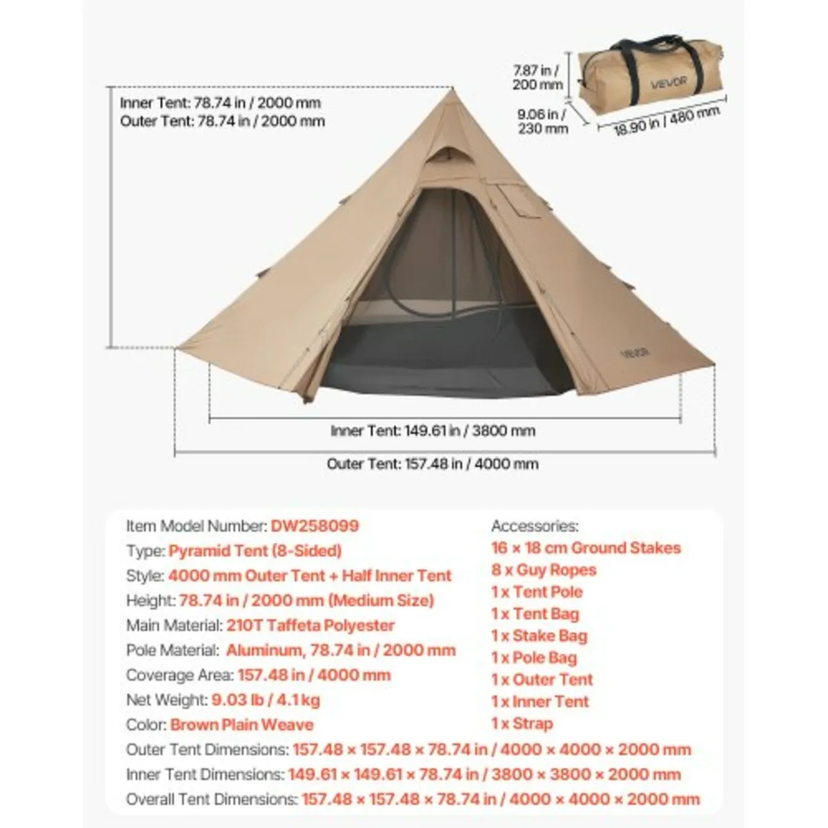 Camping Tipi Hot Tent with Stove Jack & Inner Tent - Image 4
