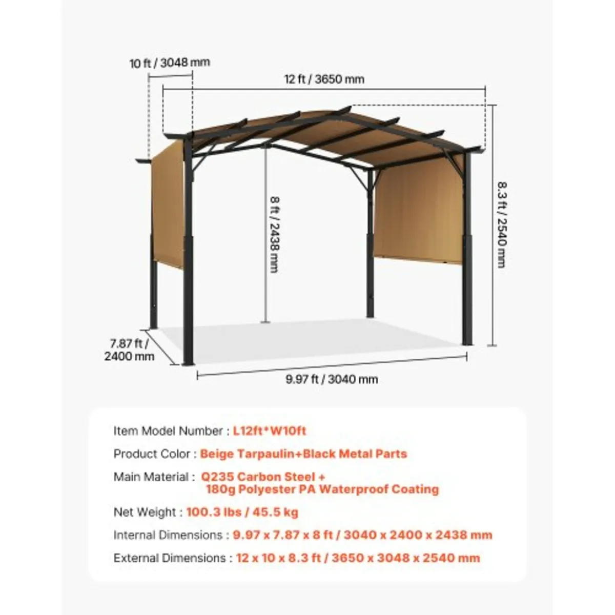 10x12 ft Outdoor Retractable Pergola with Canopy A - Image 3