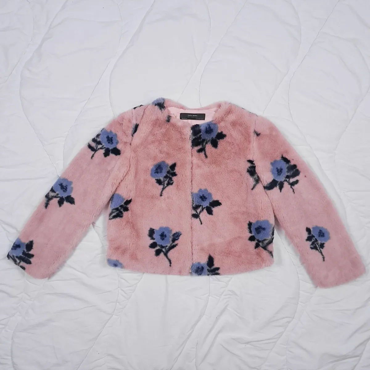 Zara Pink Faux Fur Blue Floral Jacket Size M - Image 2