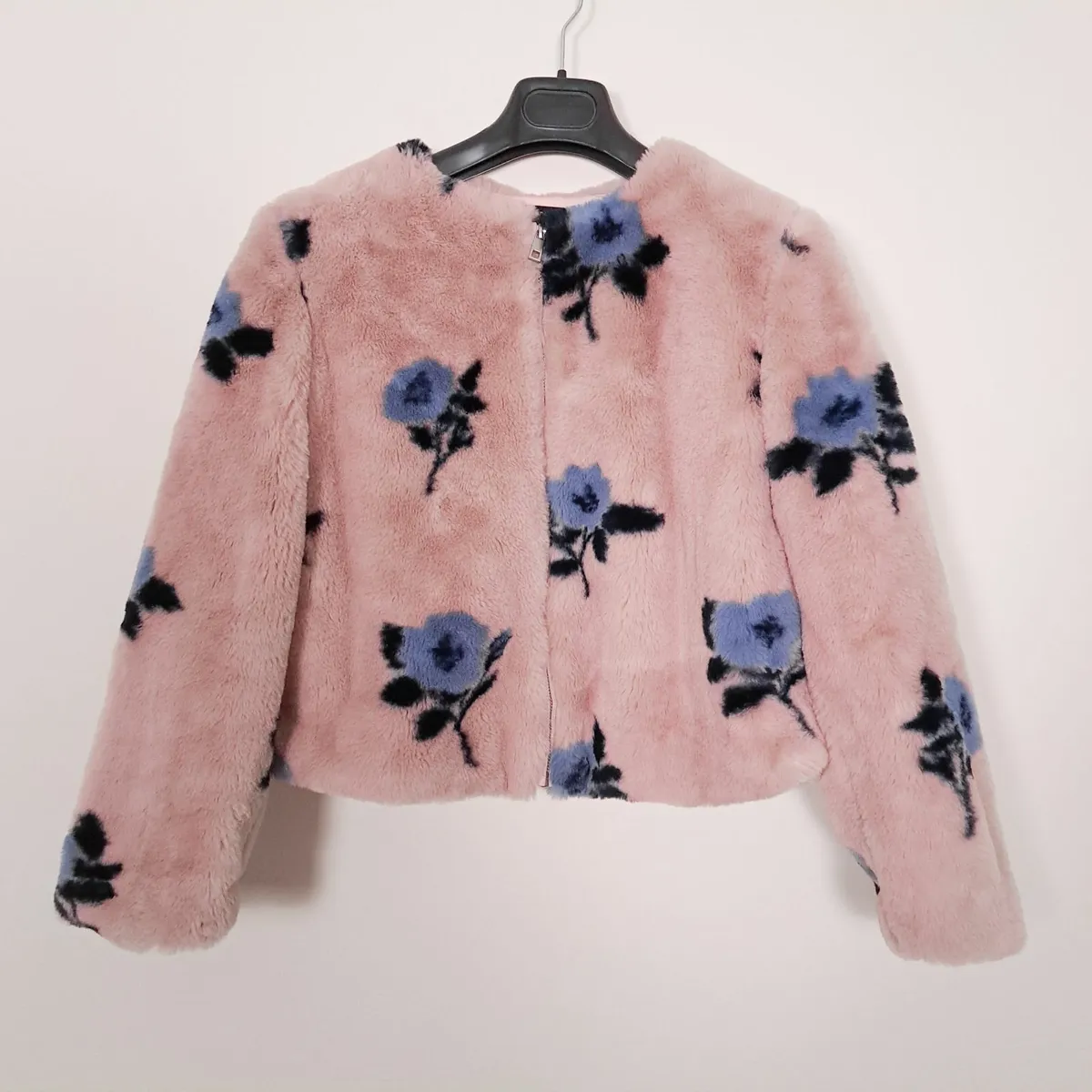 Zara Pink Faux Fur Blue Floral Jacket Size M - Image 1