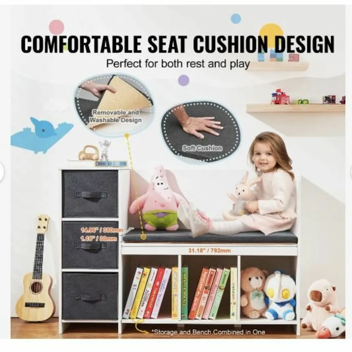 Kids Reading Nook Bench, Toddler Bookshelf - Image 2