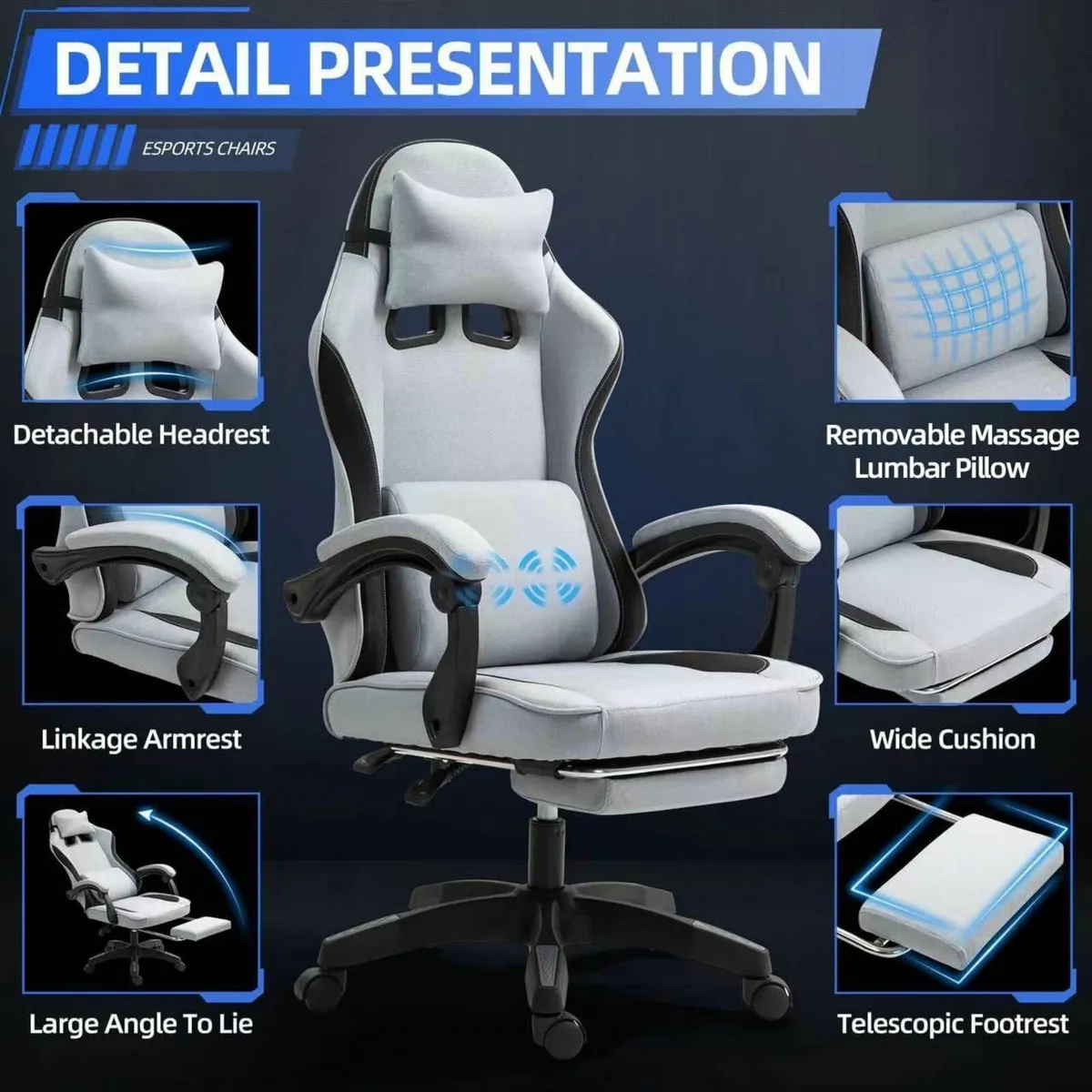 Fabric Massage Gaming Chair Ergonomic Computer - Image 4