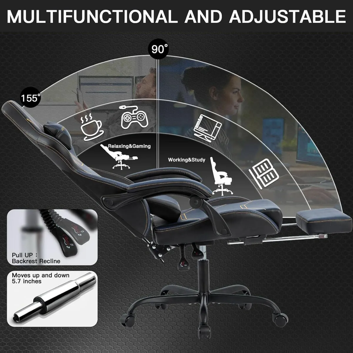 Gaming Chair Ergonomic Computer with Headrest and - Image 4
