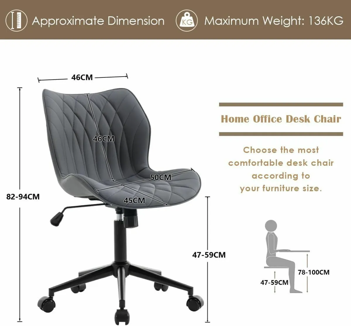 Armless Office Chair Comfy Adjustable Desk for - Image 2