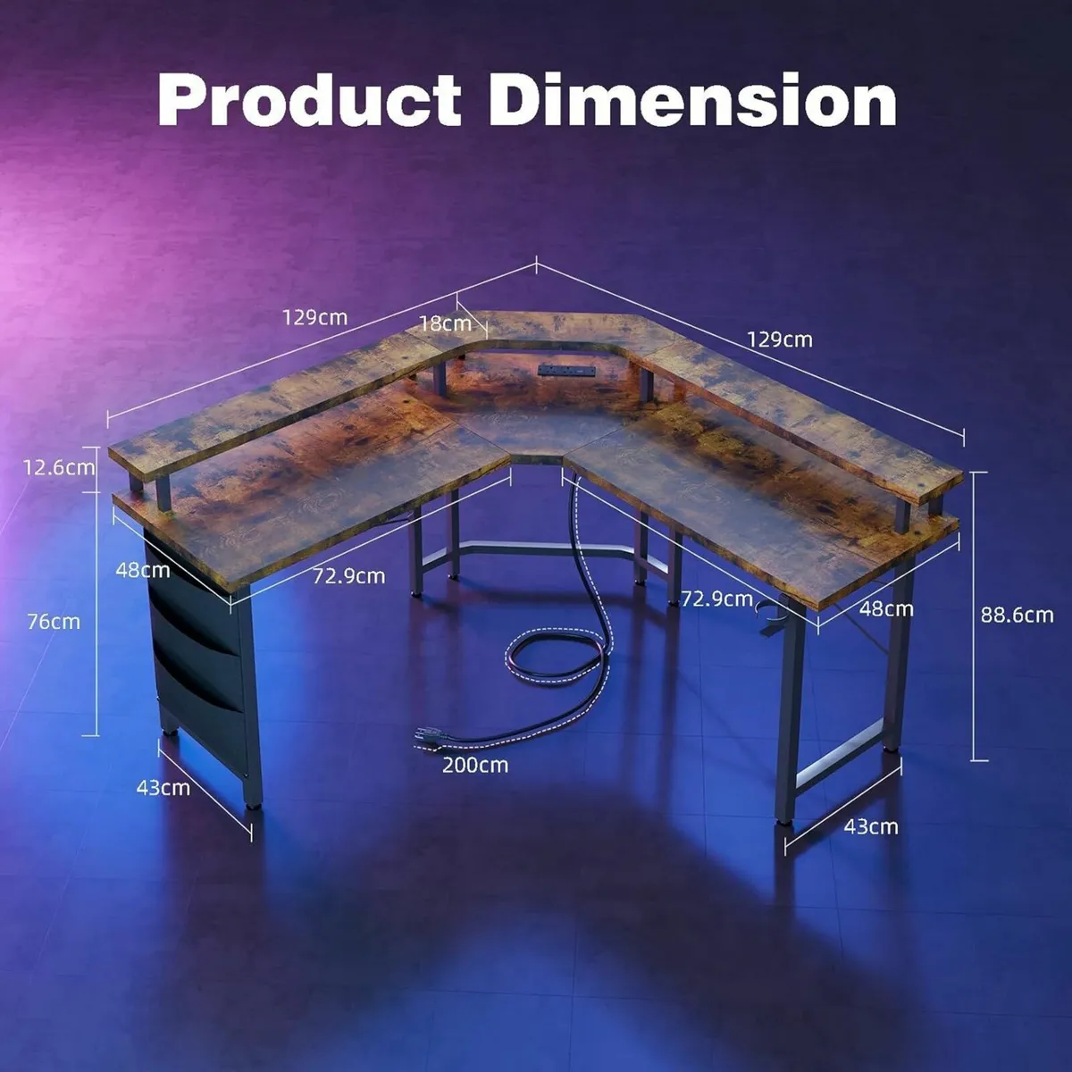 Computer Desk with Power Outlets LED Strip 50.8 - Image 2