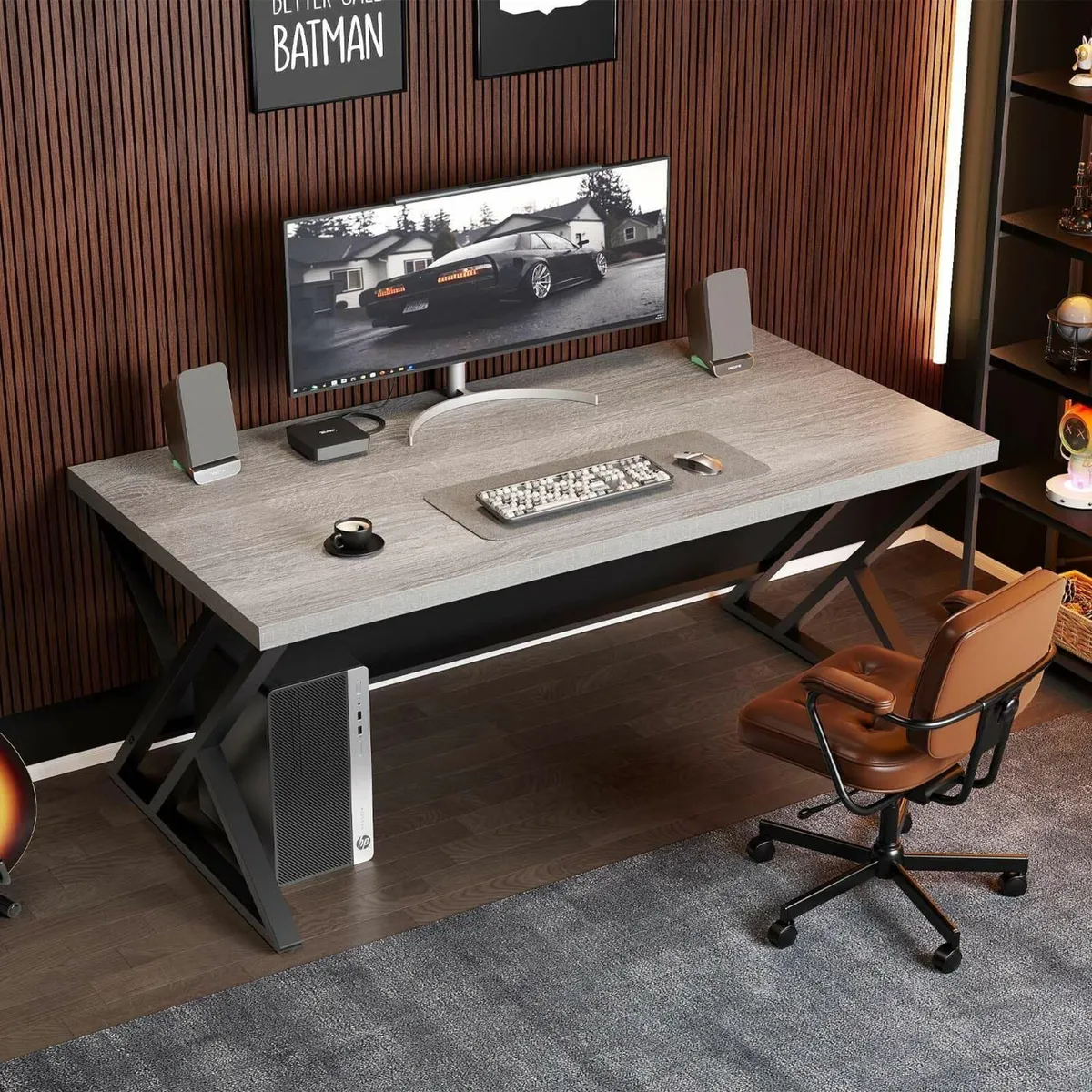 Grey Computer Office Desk Industrial Wood PC - Image 3