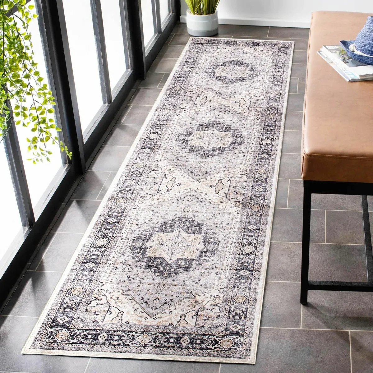 Washable Hallway Rug 60x240cm Grey Vintage - Image 1