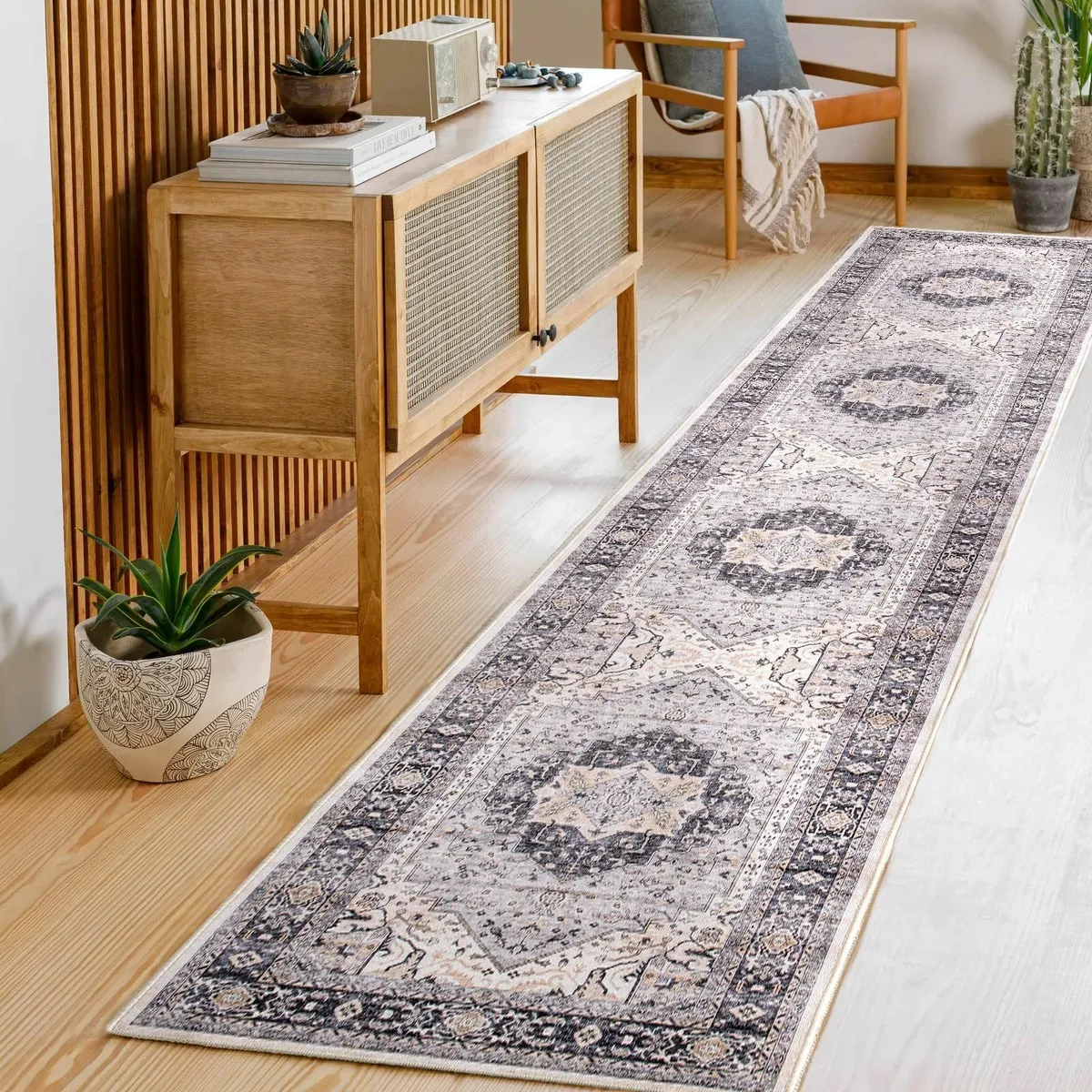 Hallway Runner 60x300cm Long Grey Rug Vintage - Image 1
