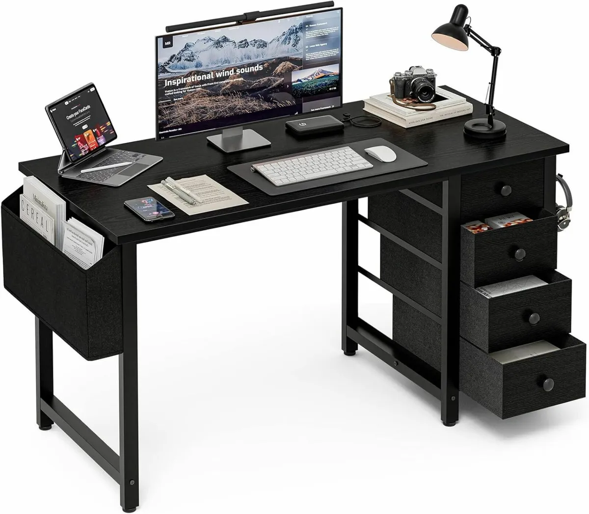 Black Desk with 4 Fabric Drawers Cabinet 100 cm - Image 1