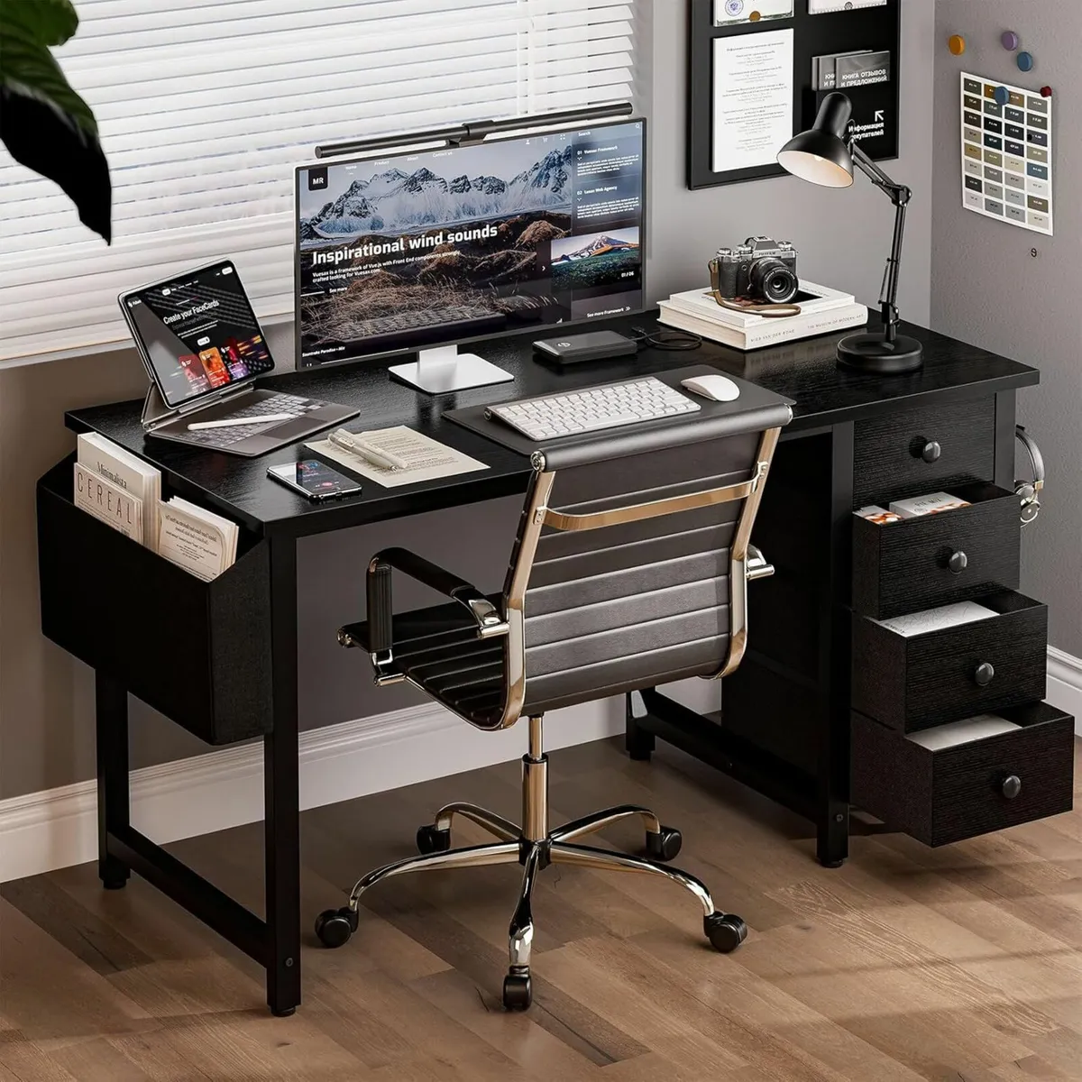 Black Desk with 4 Fabric Drawers Cabinet 100 cm - Image 2