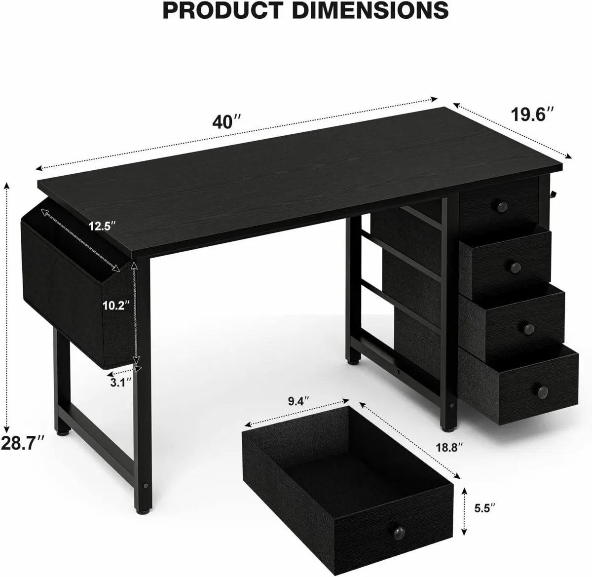 Black Desk with 4 Fabric Drawers Cabinet 100 cm - Image 3