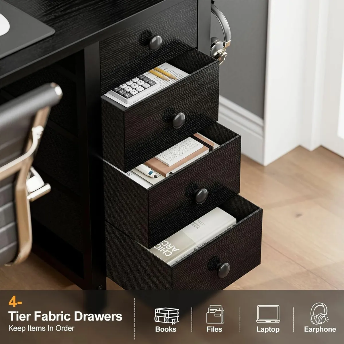 Black Desk with 4 Fabric Drawers Cabinet 100 cm - Image 4