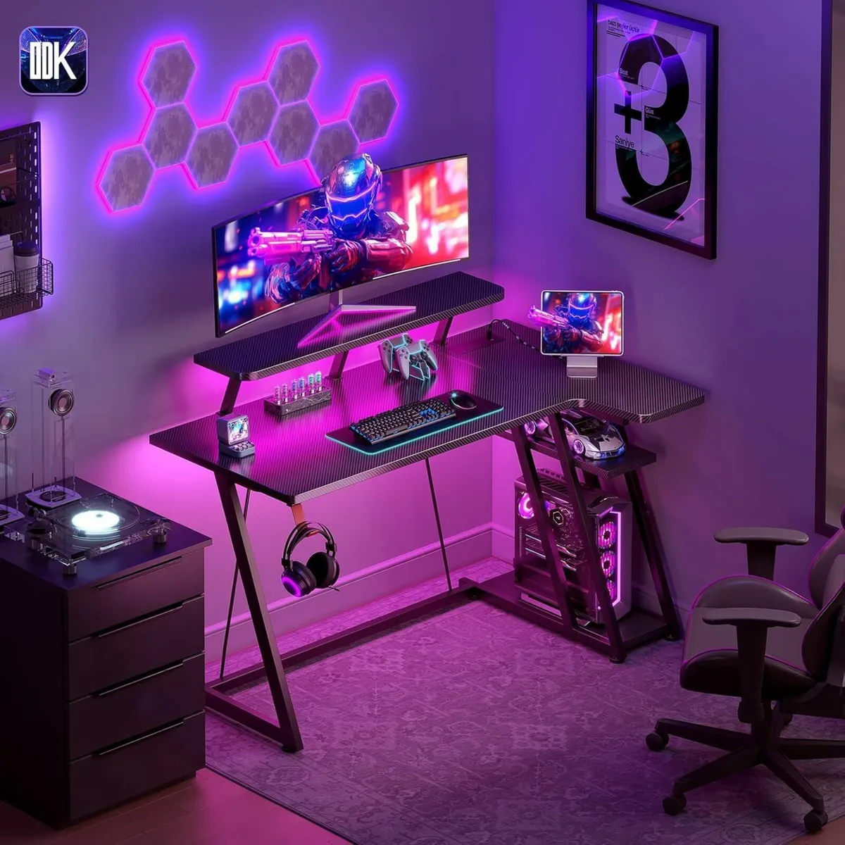 Gaming Desk with LED Lights Power Outlets 120CM - Image 2