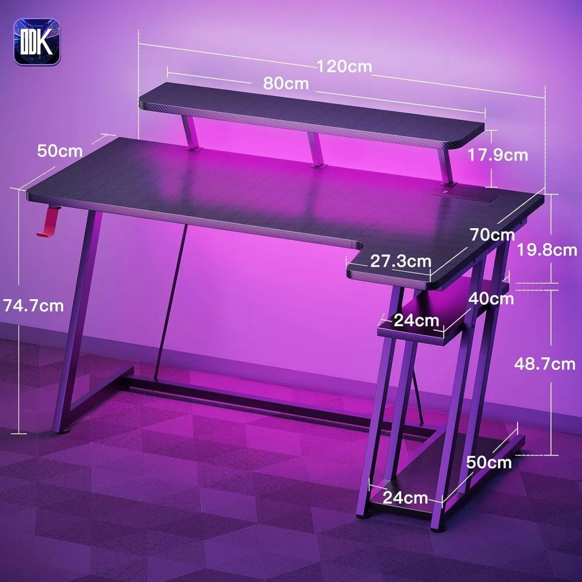 Gaming Desk with LED Lights Power Outlets 120CM - Image 3