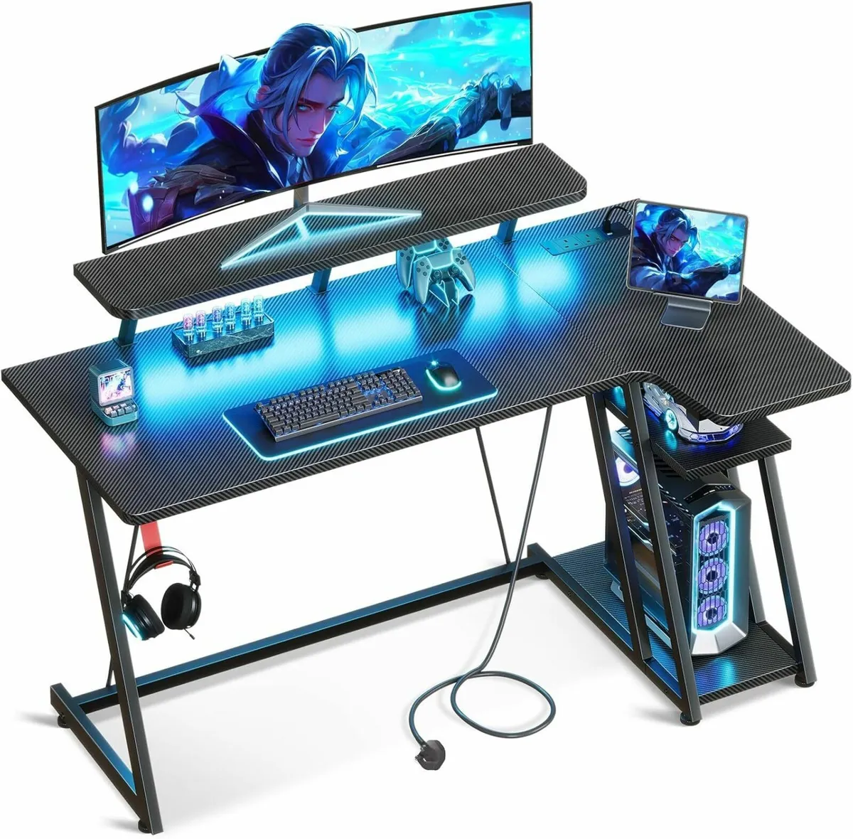 Gaming Desk with LED Lights Power Outlets 120CM - Image 1