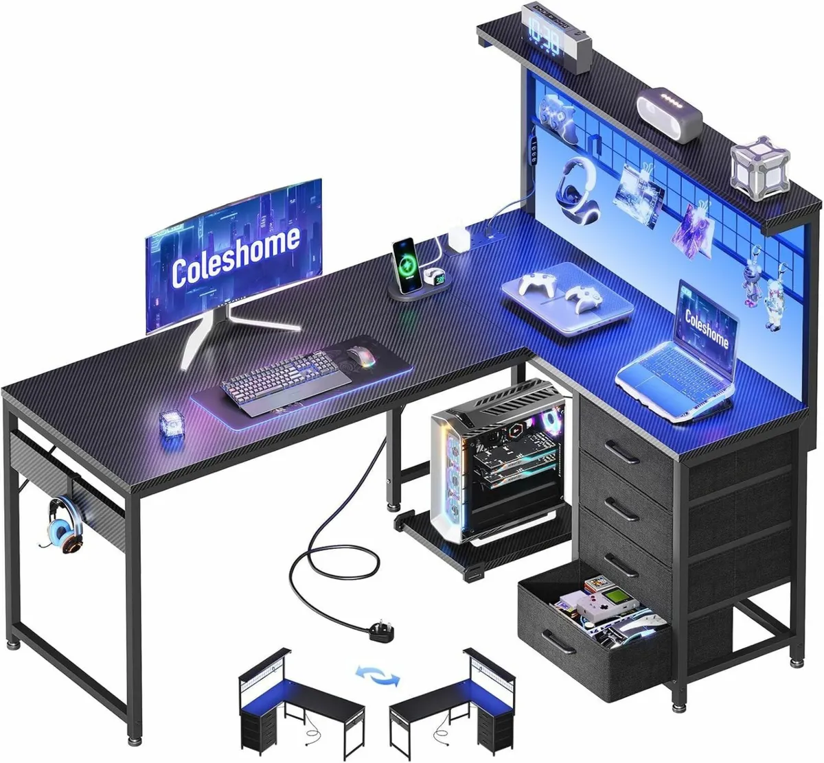 L Shaped Gaming Desk with Drawers Shelf 130 x 100 - Image 1