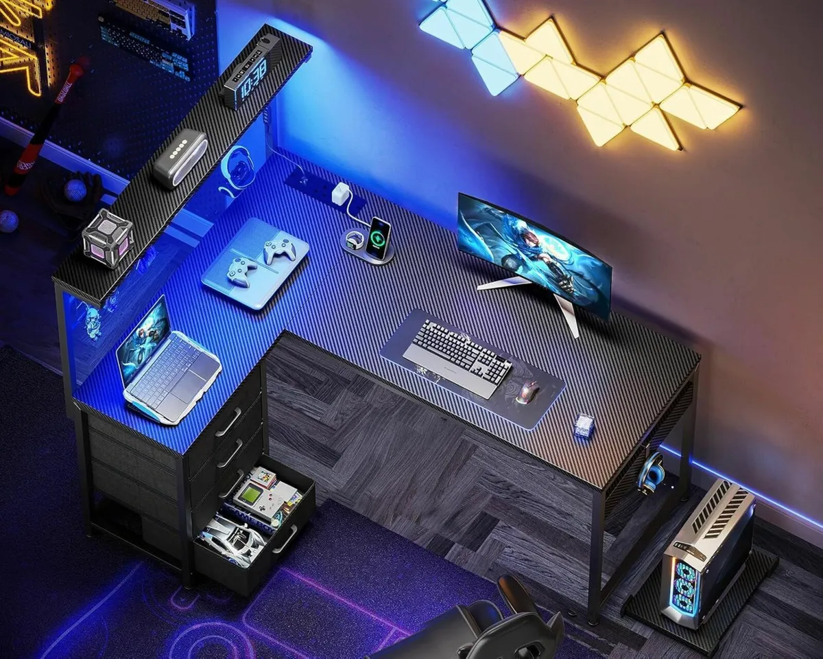 L Shaped Gaming Desk with Drawers Shelf 130 x 100 - Image 2