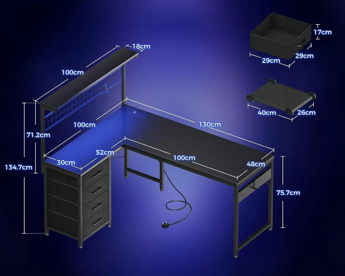 L Shaped Gaming Desk with Drawers Shelf 130 x 100 - Image 3