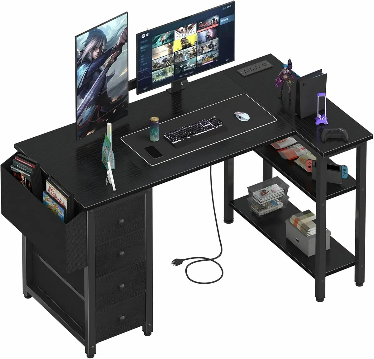 L Shaped Gaming Desk with Drawers Storage Shelves - Image 1