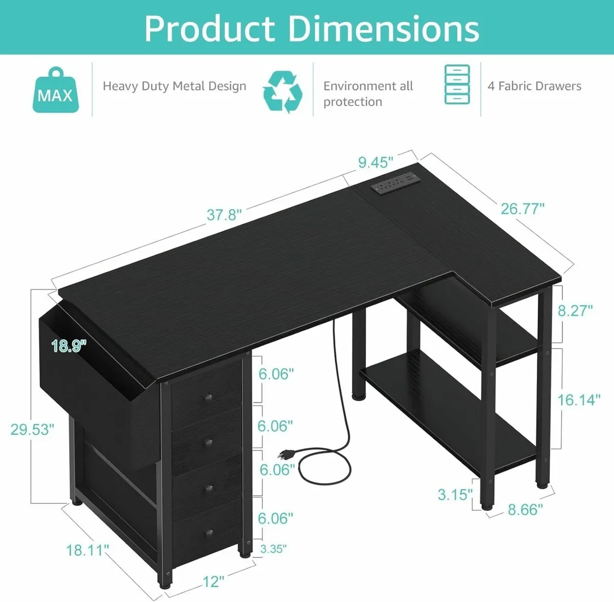 L Shaped Gaming Desk with Drawers Storage Shelves - Image 3
