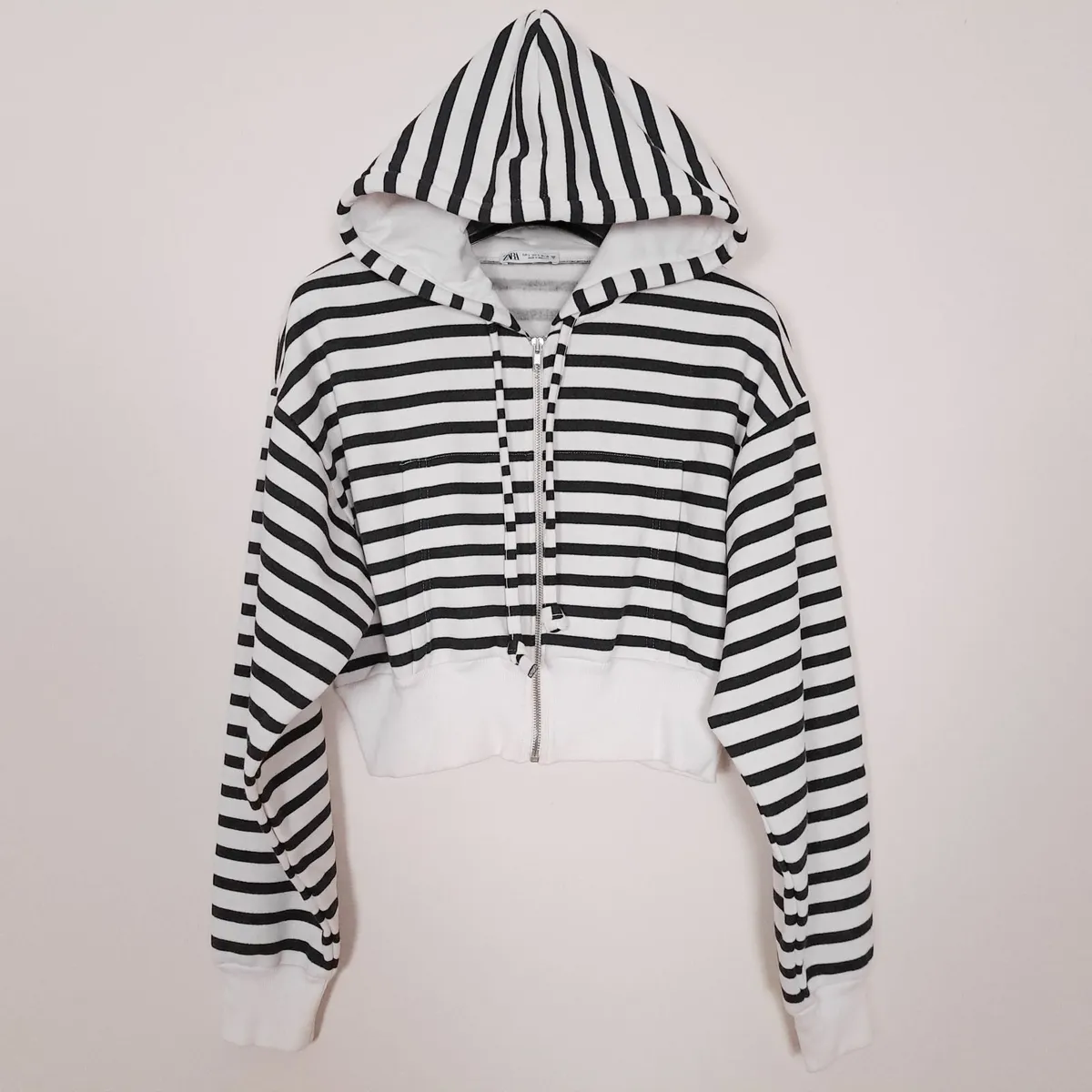 Zara White Black Striped Cropped Zip-Up Hoodie L - Image 1