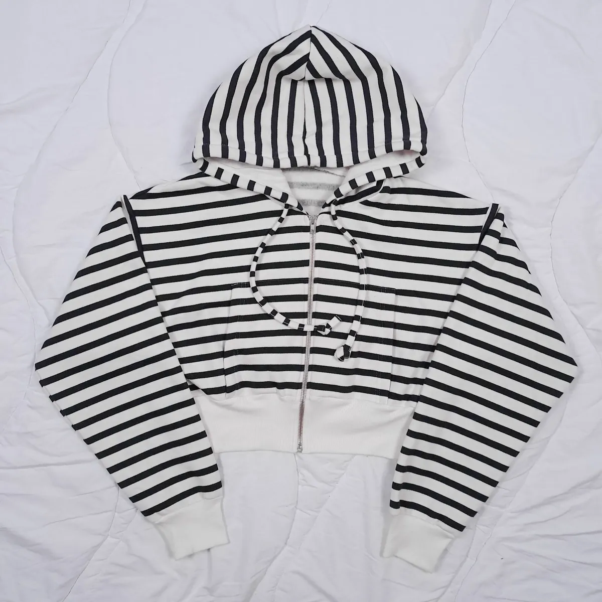 Zara White Black Striped Cropped Zip-Up Hoodie L - Image 3