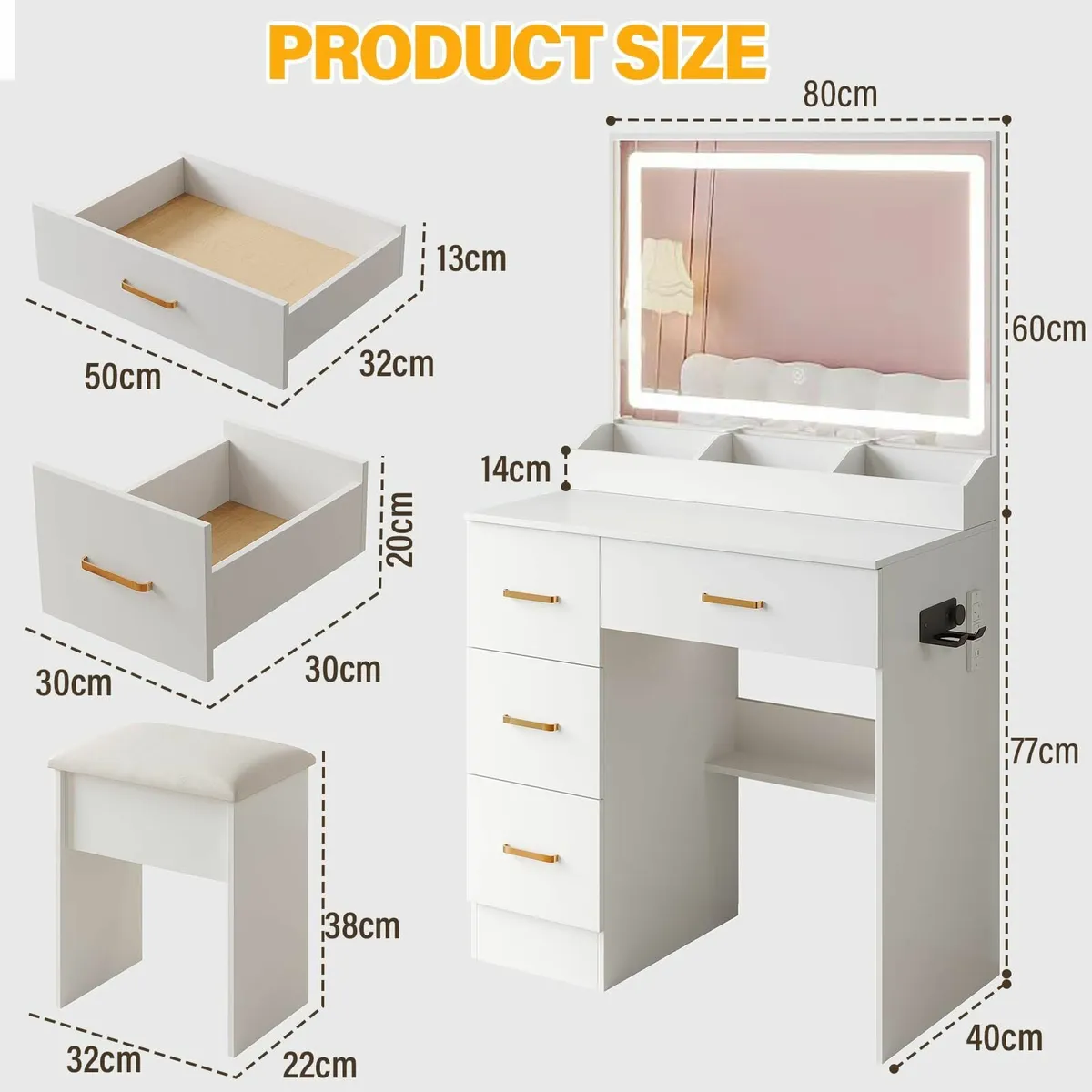 Dressing Table Mirror Stool Vanity Desk Drawers - Image 2