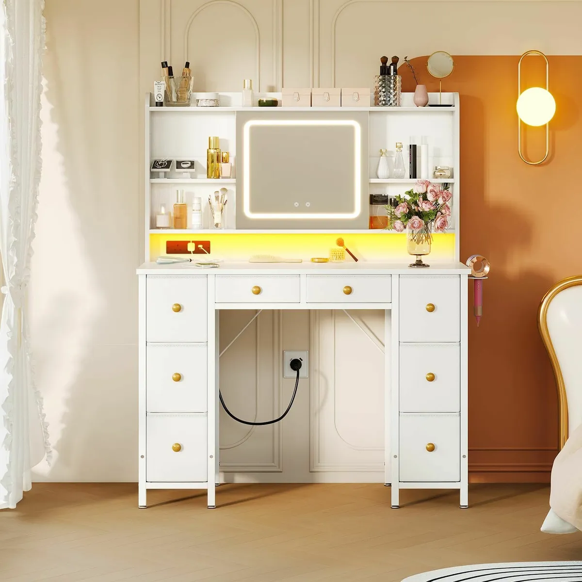 Desk Move LED Mirror Drawers, Dressing Table - Image 1