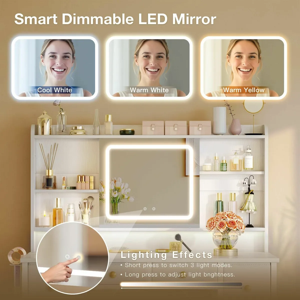 Desk Move LED Mirror Drawers, Dressing Table - Image 2