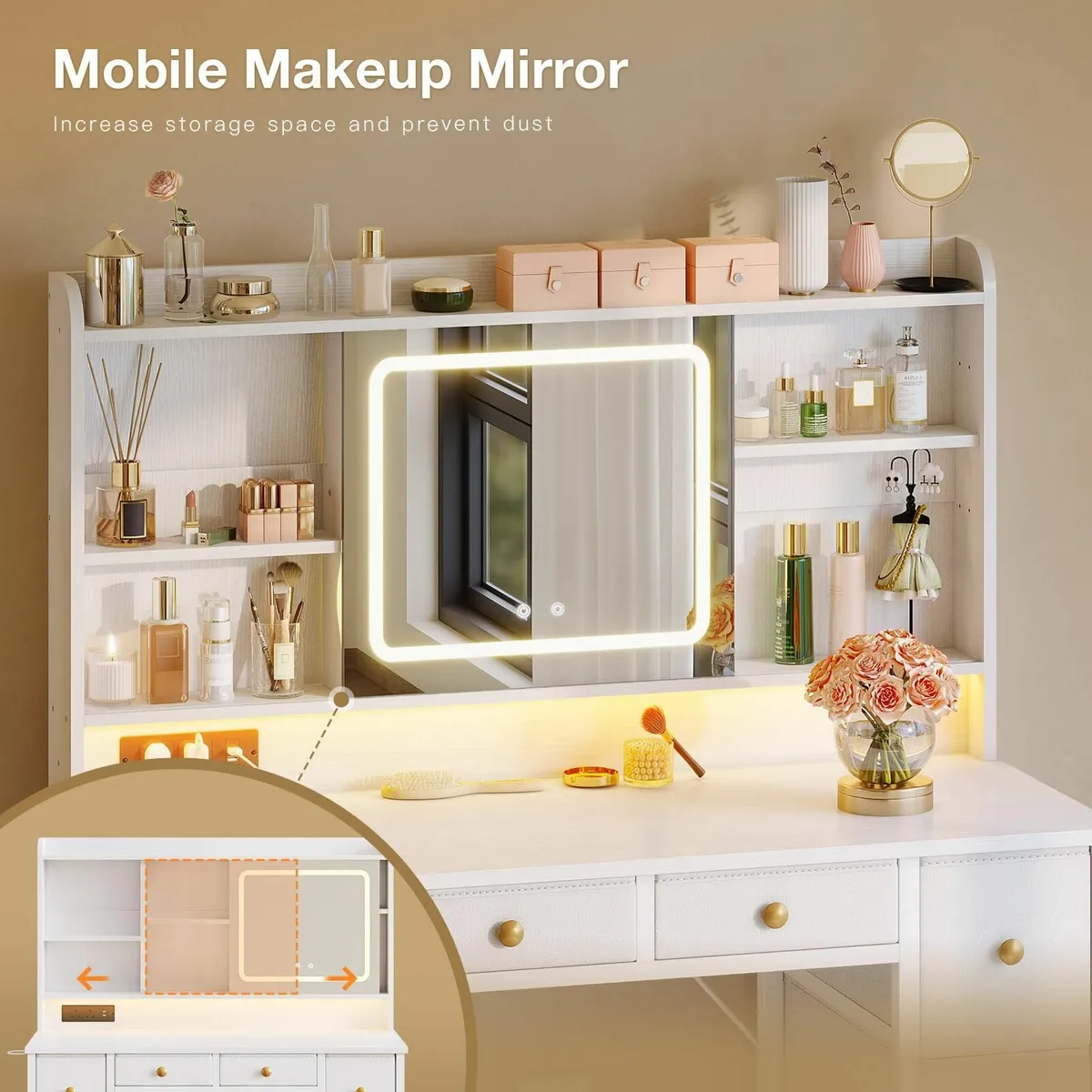 Desk Move LED Mirror Drawers, Dressing Table - Image 3
