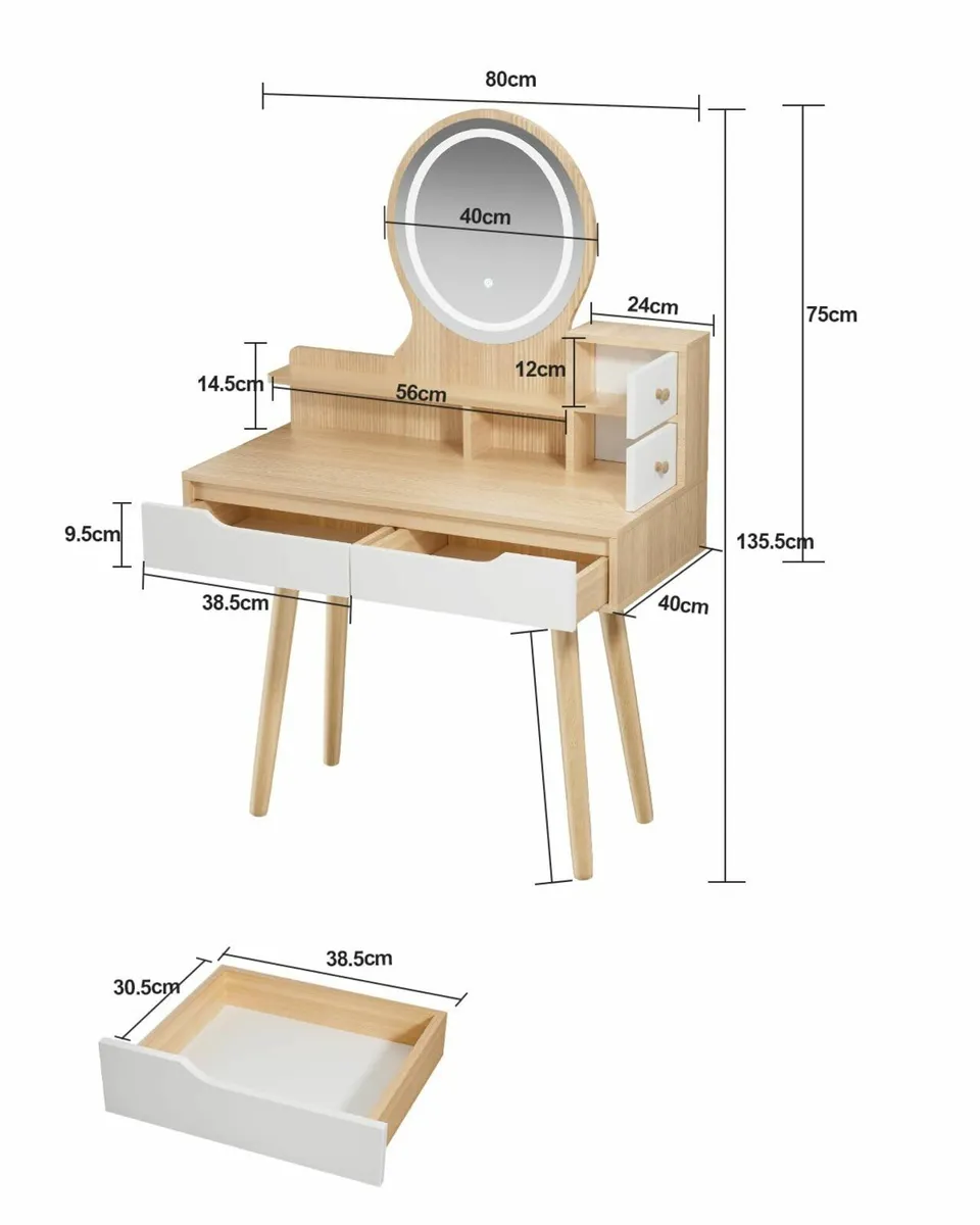 Dressing Table Round Mirror Lights Drawers - Image 2
