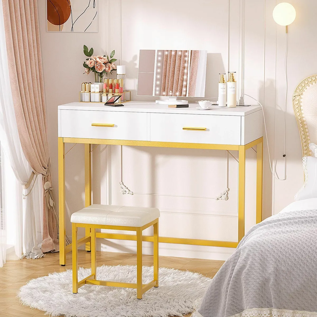 Vanity Desk Mirror Drawers Lights Socket Gold - Image 1