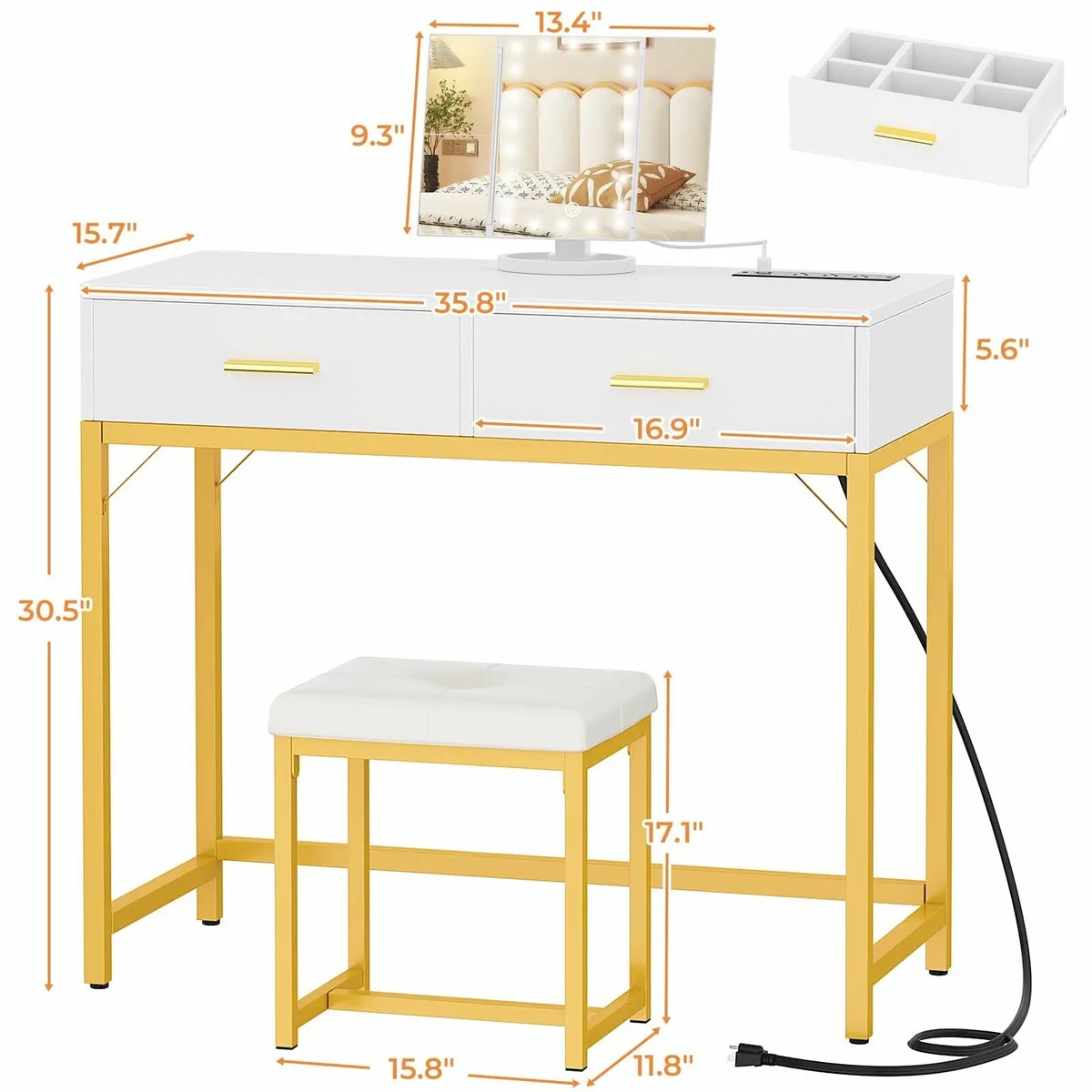 Vanity Desk Mirror Drawers Lights Socket Gold - Image 3