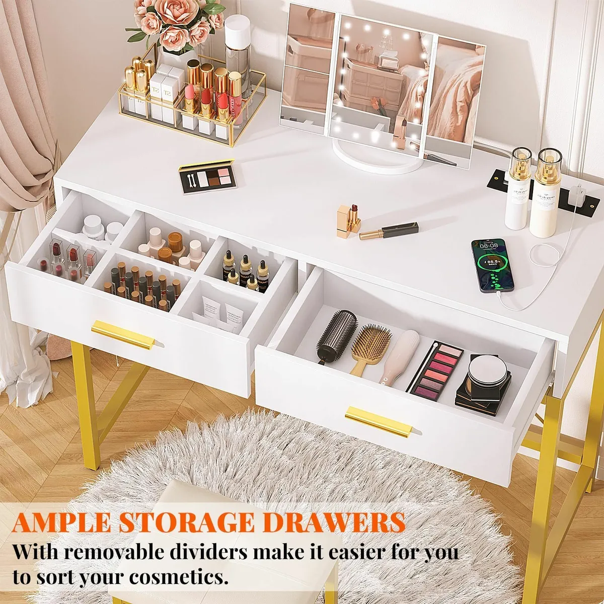 Vanity Desk Mirror Drawers Lights Socket Gold - Image 4