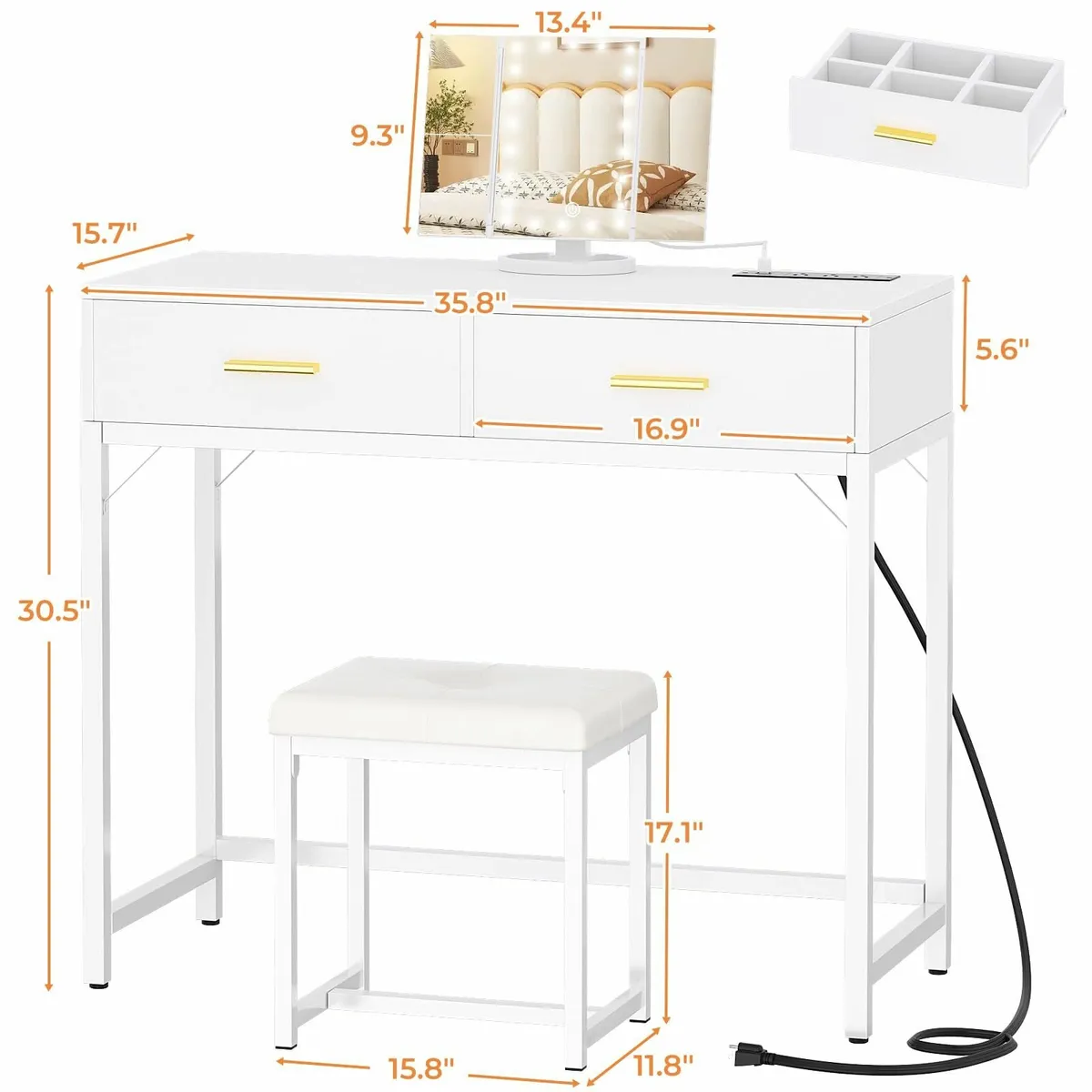 Vanity Desk Mirror Drawers Stool Lights and Socket - Image 3