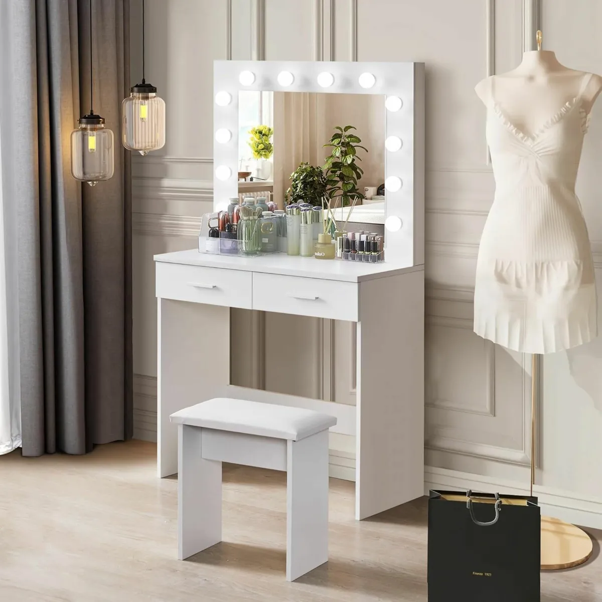White Dressing Table Adjust LED Mirror Stool - Image 1