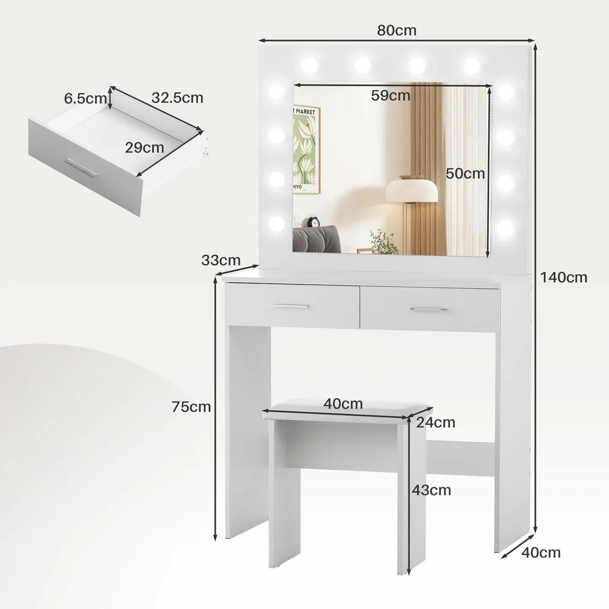 White Dressing Table Adjust LED Mirror Stool - Image 2