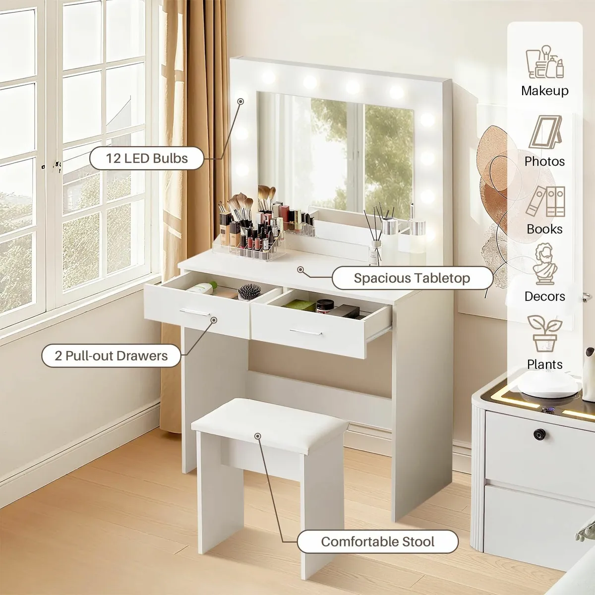 White Dressing Table Adjust LED Mirror Stool - Image 3