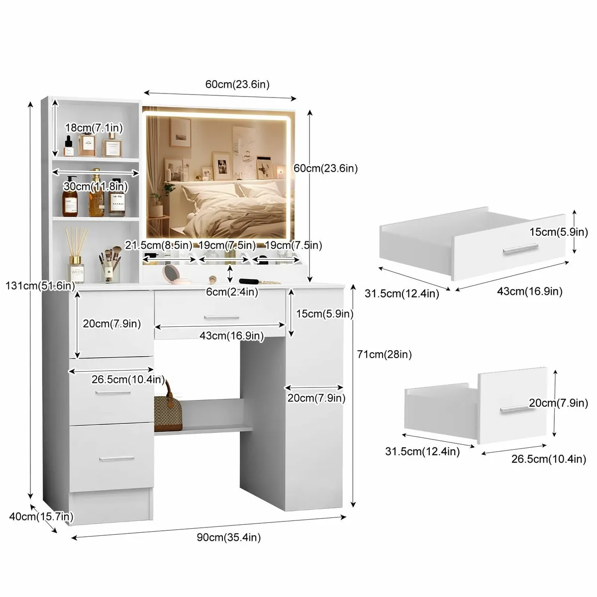 Dressing Table LED Mirror Cabinet Modern White - Image 2