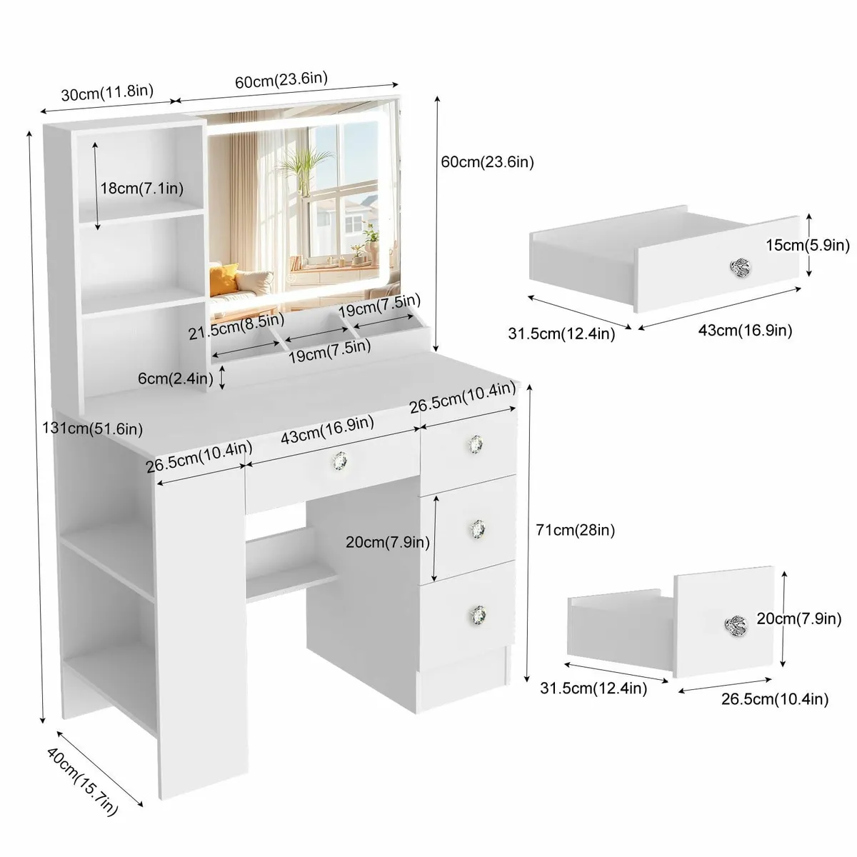 White Dressing Table Mirror LED Lights Vanity - Image 2
