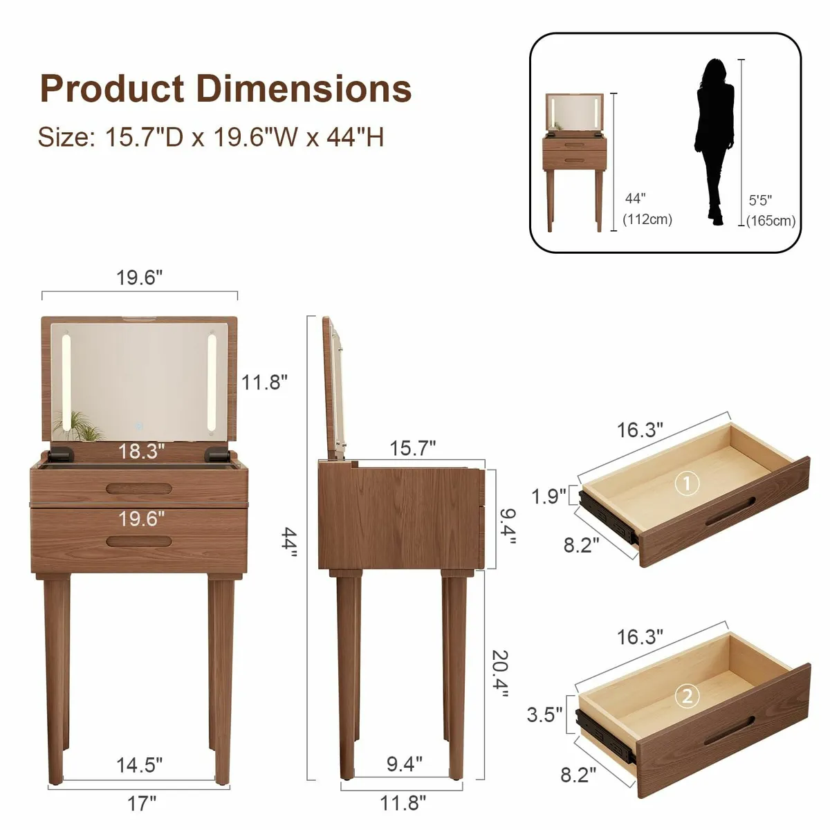Solid Wood Dressing Table Flip Top Mirror LED - Image 3