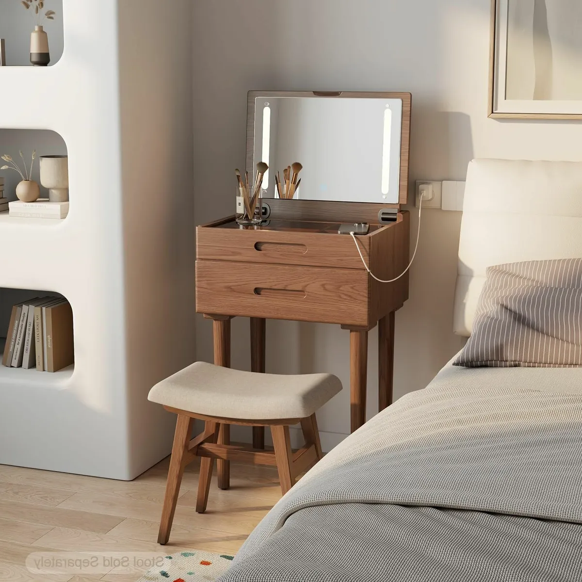 Solid Wood Dressing Table Flip Top Mirror LED - Image 2
