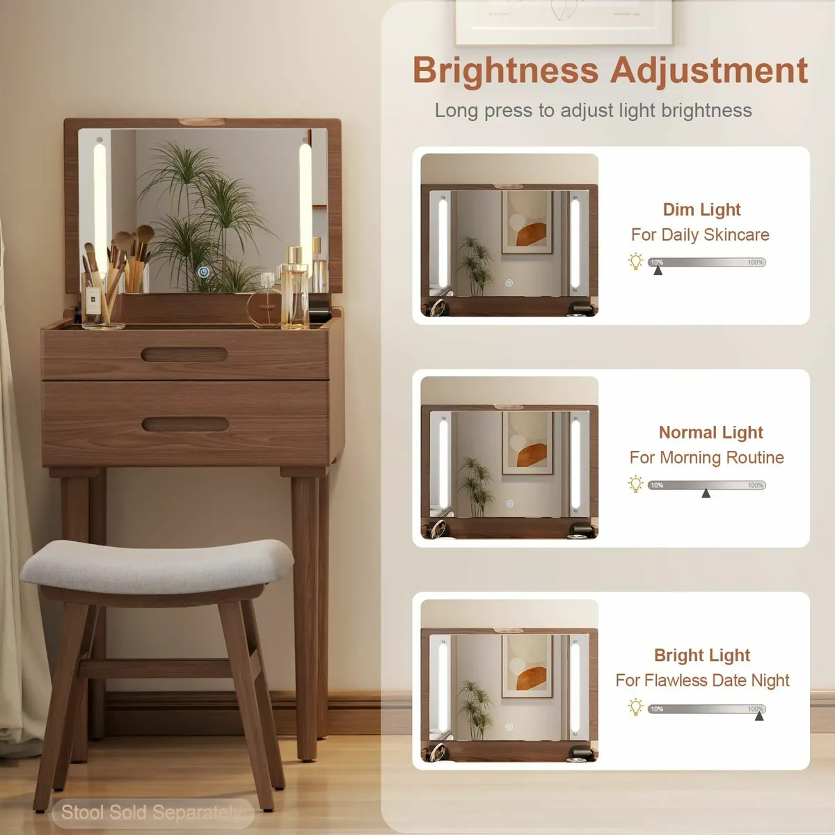 Solid Wood Dressing Table Flip Top Mirror LED - Image 4