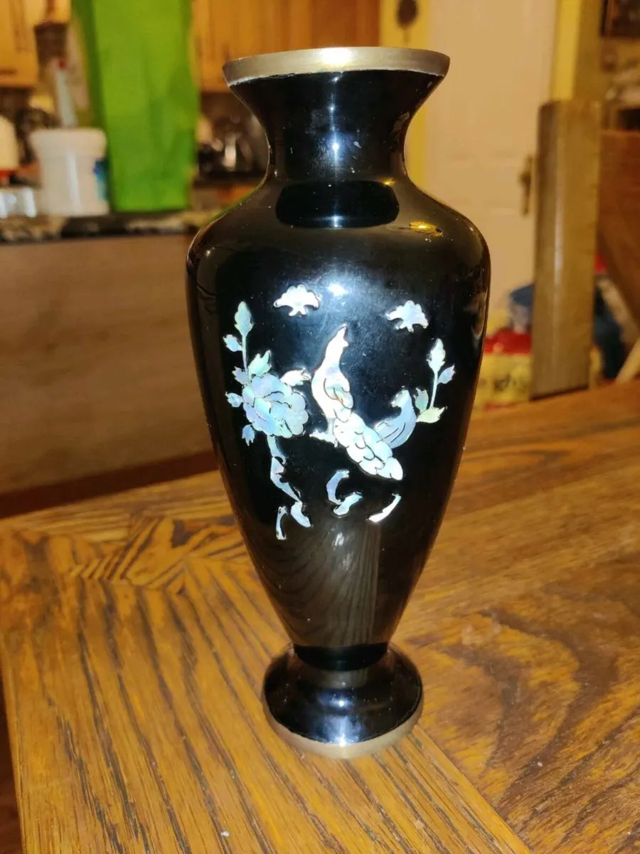 RARE, MOTHER OF PEARL, 10"Tall Vintage Brass Vase - Image 4