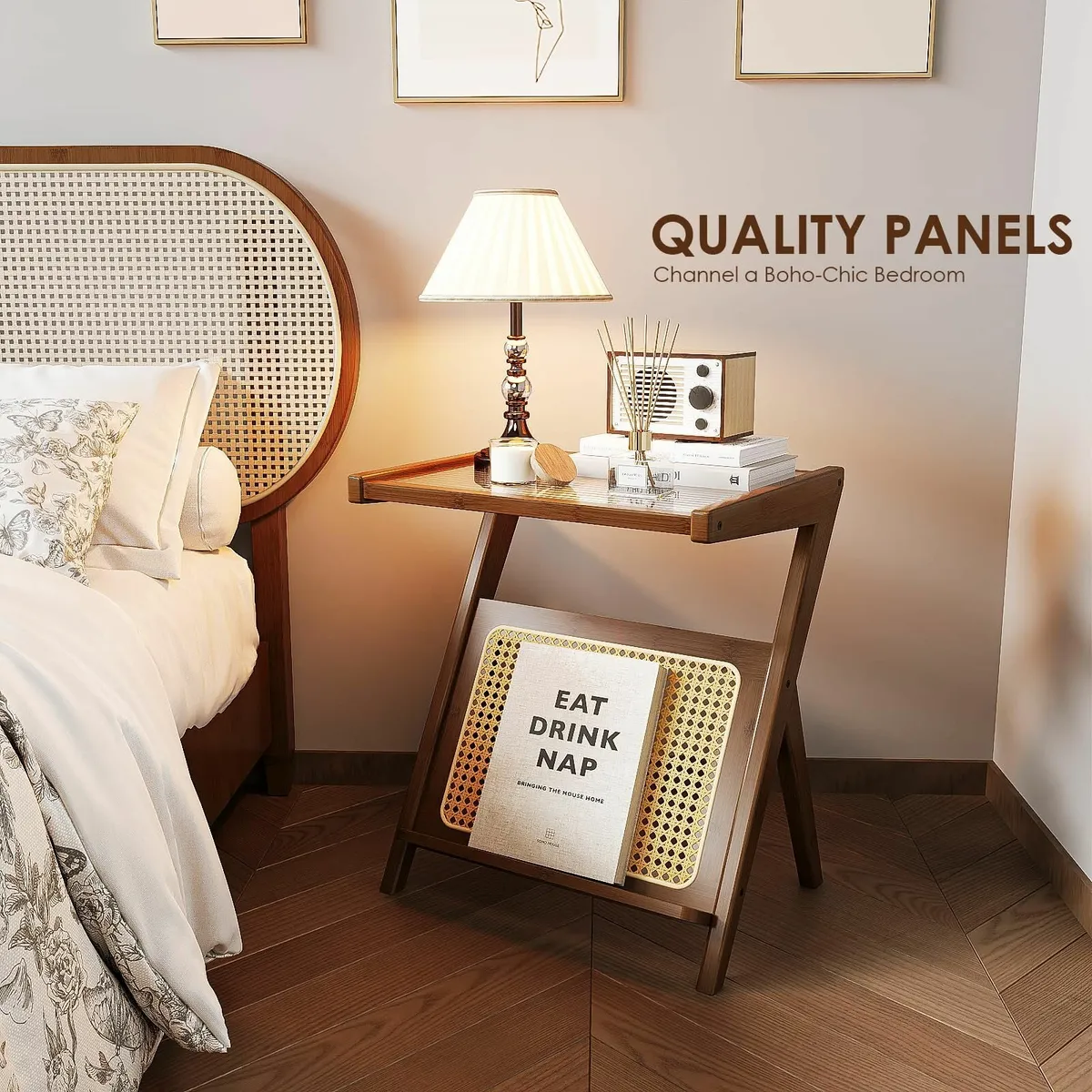 Rattan Side Table Boho NightStand Mid Century - Image 3