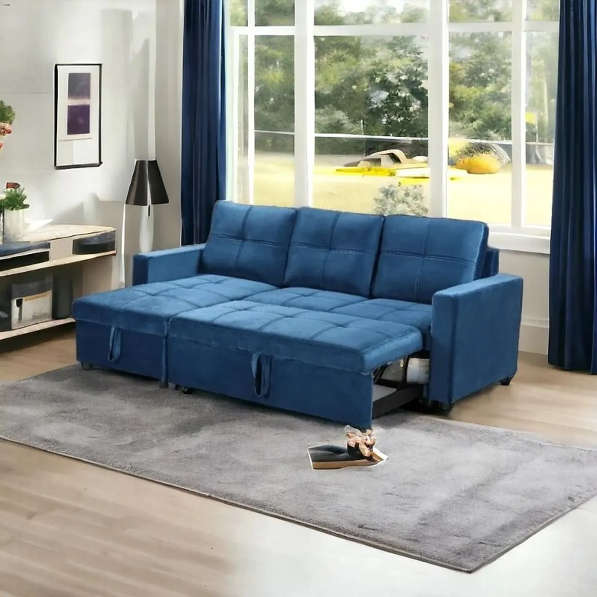 Blue Velvet Corner Sofa Bed with Storage - Free Delivery Ireland - Image 1